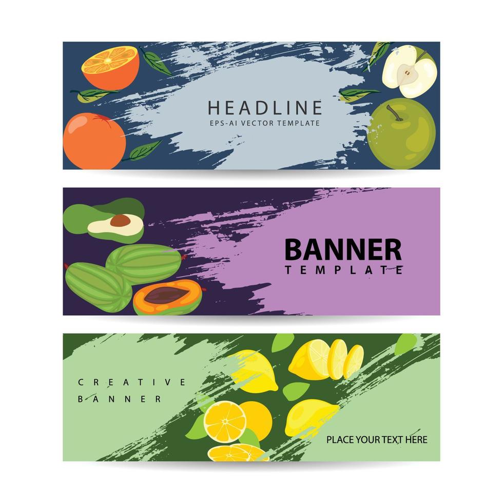 Set of three horizontal berries and slice fruits banners with colorful vector illustration