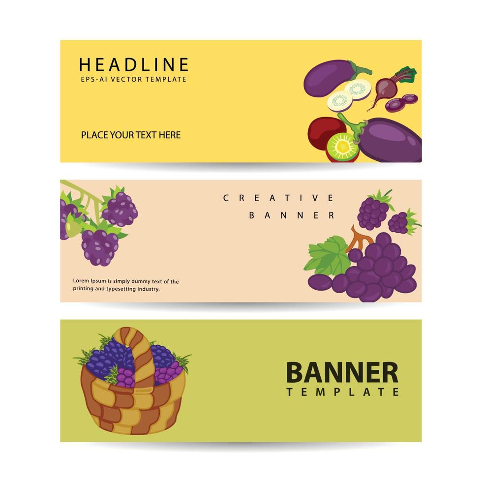 conjunto de banners frutas y verduras púrpura ilustración vectorial vector