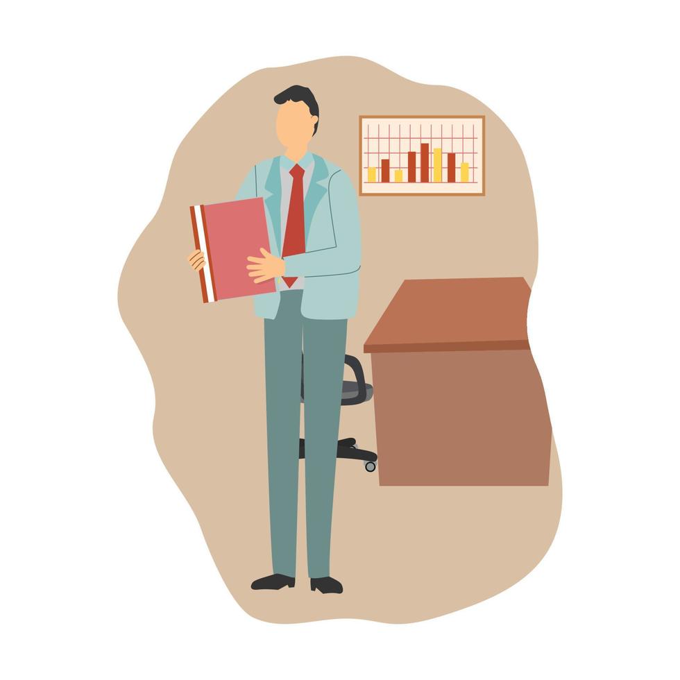 Confident businessman standing cross-legged leaning on a table with business process and infographics on background. Business charts and diagrams. Vector illustration.