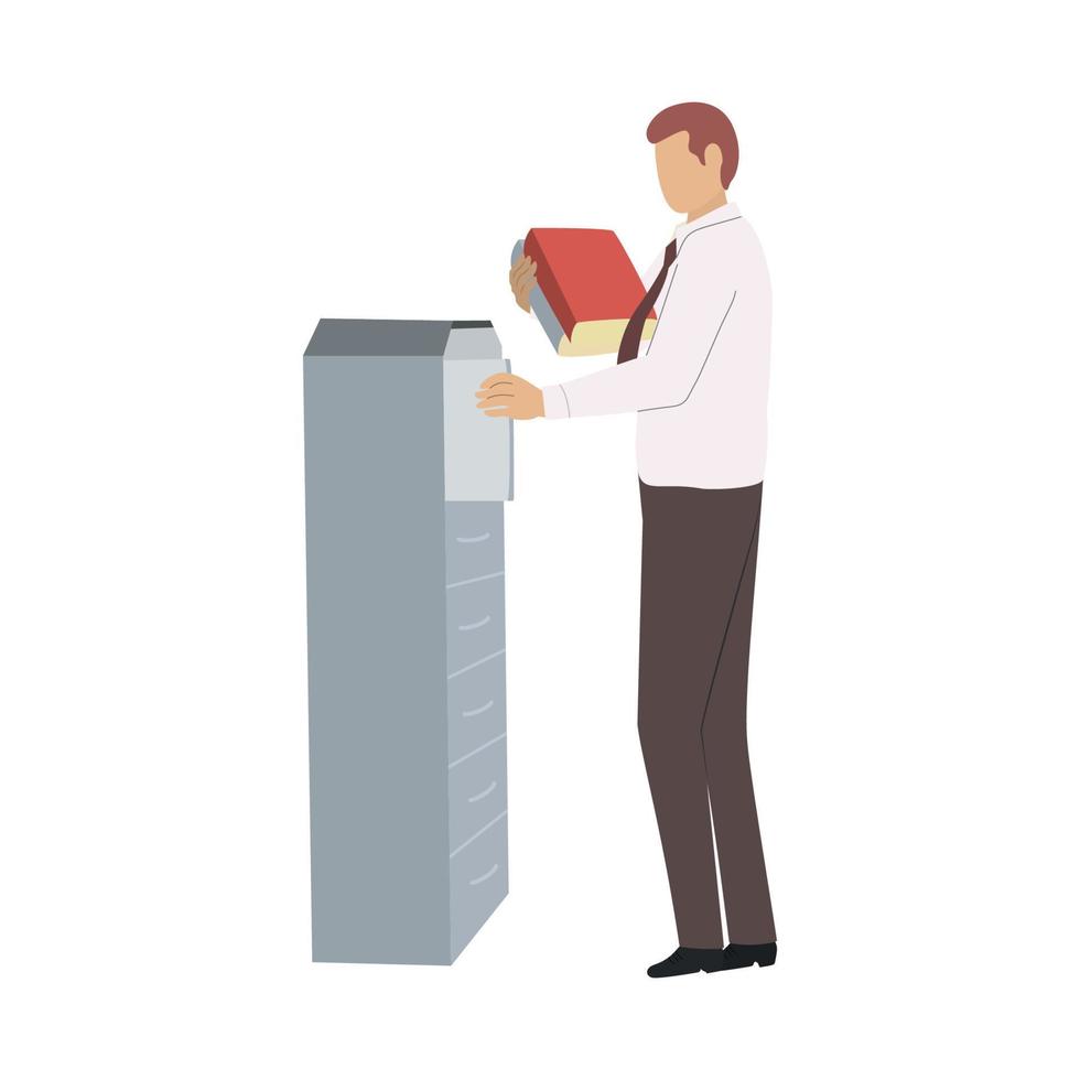 Vector flat illustration of worker with folder, looking for document in mess. Concept storing and structuring archived information. It can be used in web design, banners, etc.