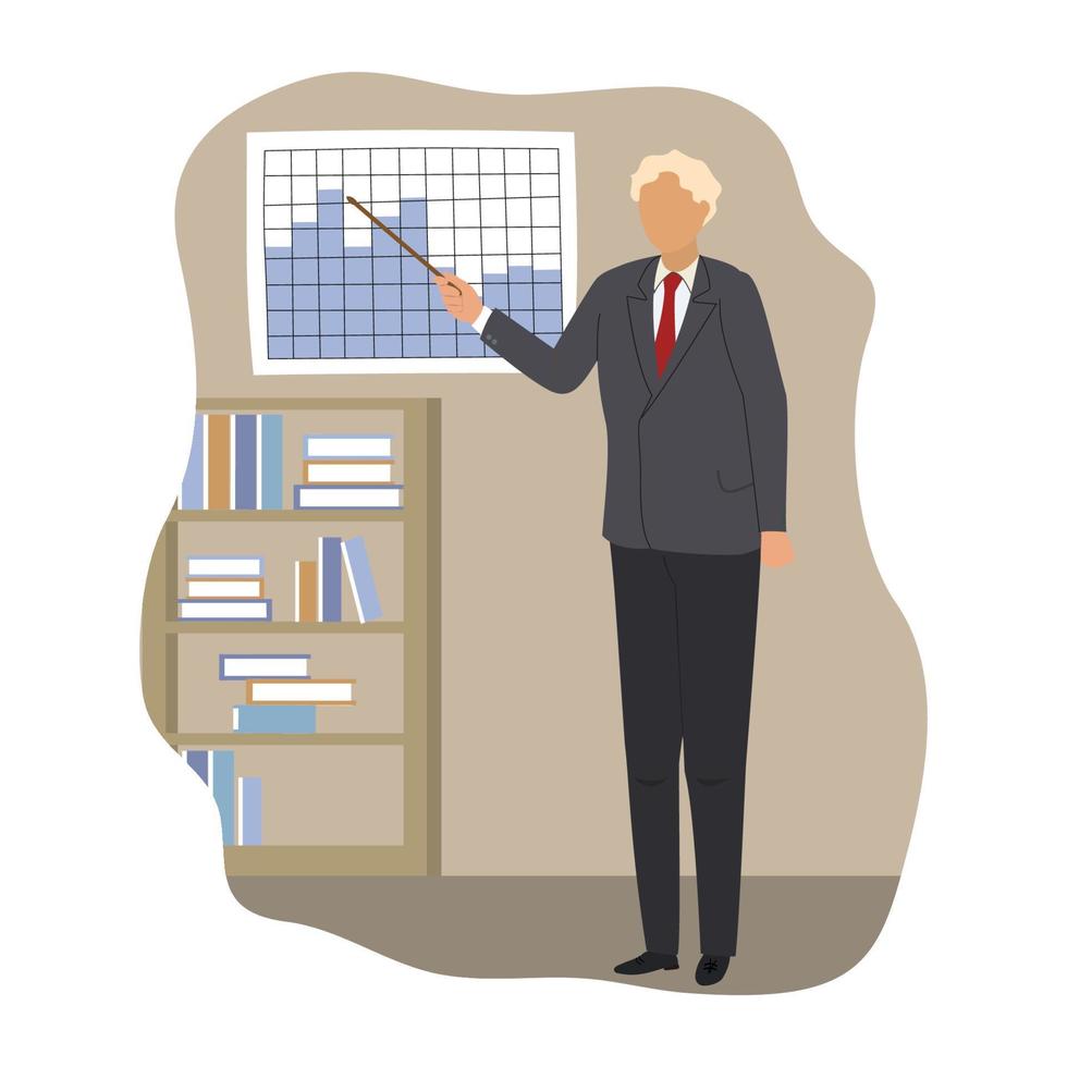 Businessmen in formal suits stand near the flip chart and point to the charts and diagrams. Creative business concept. Reliable businessman. Modern vector illustration. Flat design.