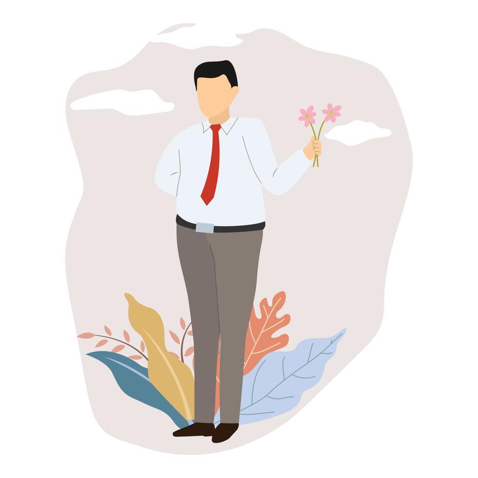 Young man with flowers on a romantic date. vector illustration