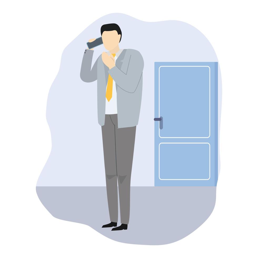 Businessman or boss leaves office, end of working day. Brick wall, open door and board- exit. Happy man employee talking on smartphone. Weekend time. Handsome male character. Flat vector illustration