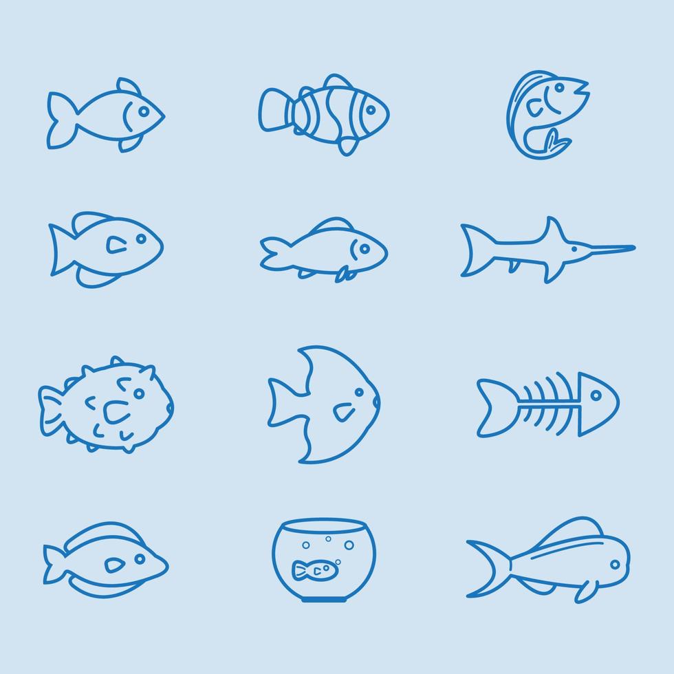 conjunto de iconos de pescado. icono de pescado. lineas azules vector