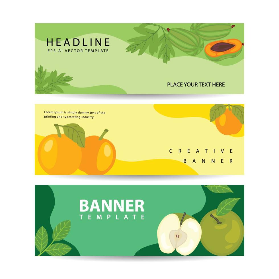 Template design with horizontal healthy food banner. papaya fruits, oranges, apples vector