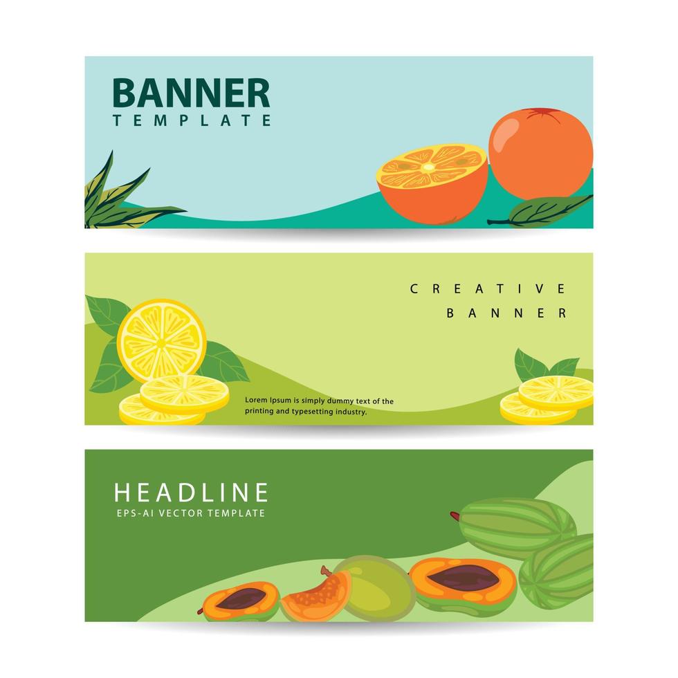 pancartas con frutas sobre alimentación saludable. plantilla de banners vectoriales para una alimentación saludable. vector