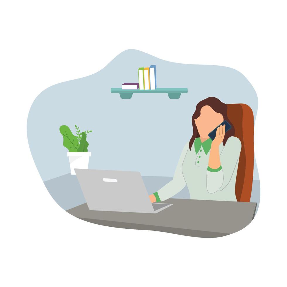 illustration of a women working on computer at office while attending calls vector