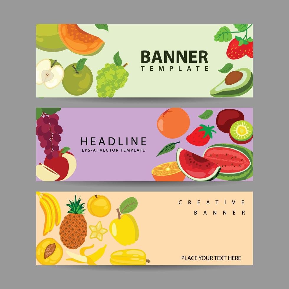 conjunto de frutas frescas en rodajas horizontales banner de frutas ilustración vectorial vector