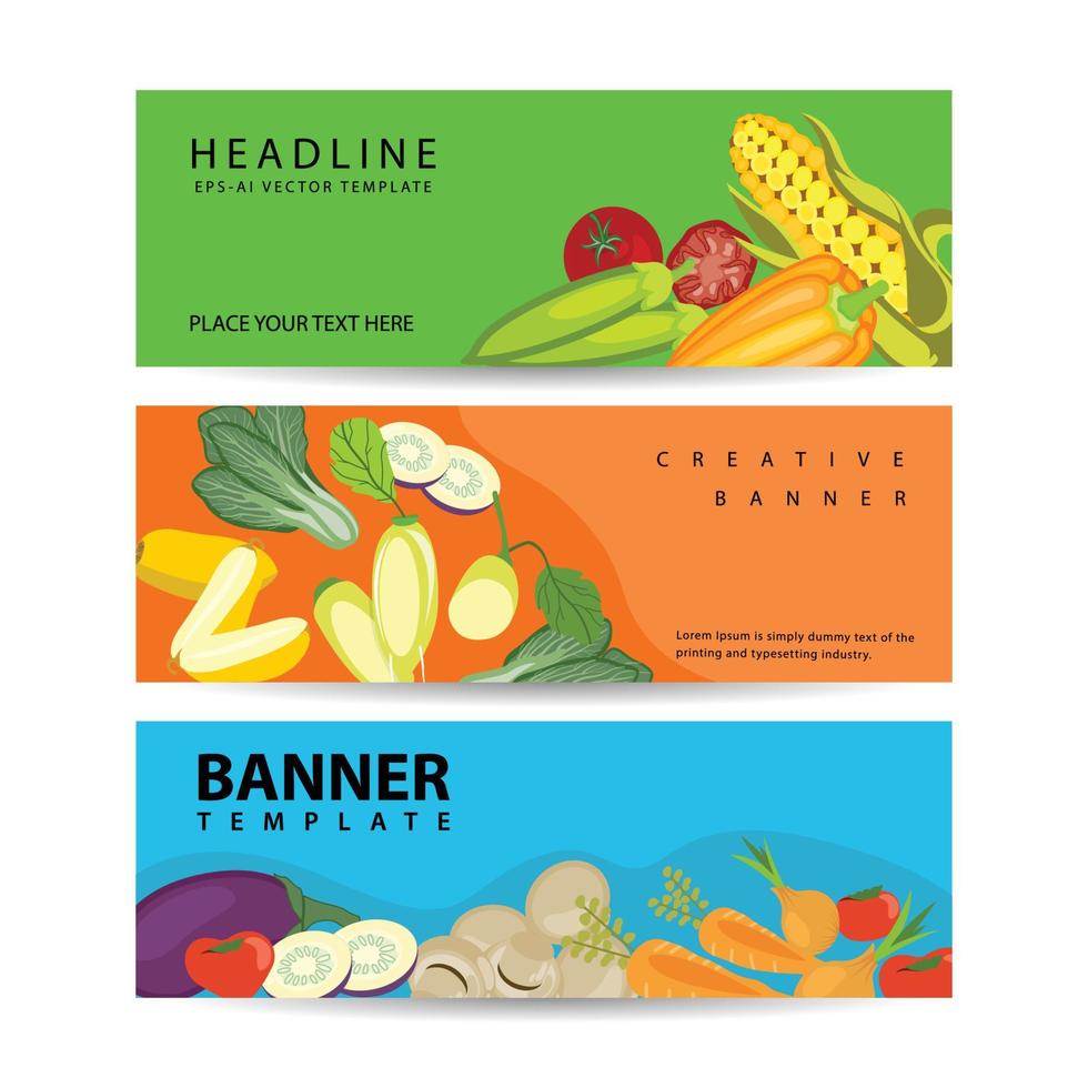 Three horizontal banners with colorful vegetables and fruits in realistic style vector illustration