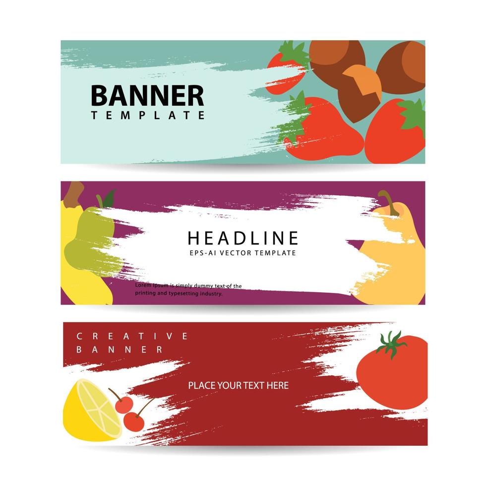 conjunto de tres pancartas horizontales de bayas y frutas con imágenes coloridas de rodajas de frutas naturales con ilustración vectorial de texto vector