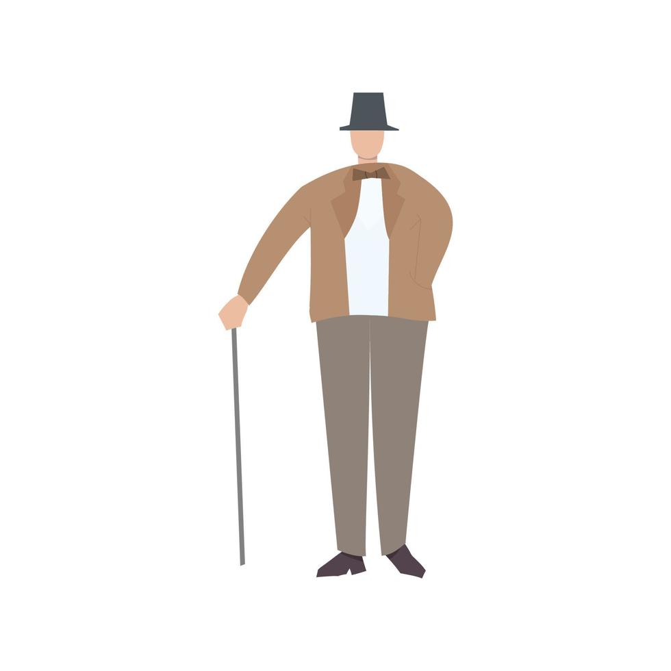 Victorian gentleman dressed in 19th century fashion with a cane and a bowler hat, flat vector illustration isolated on white background. Gentleman cartoon character.