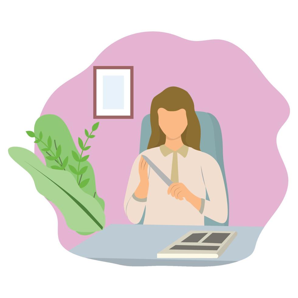 Young woman sitting on the table and reading book and document. Vector flat illustration