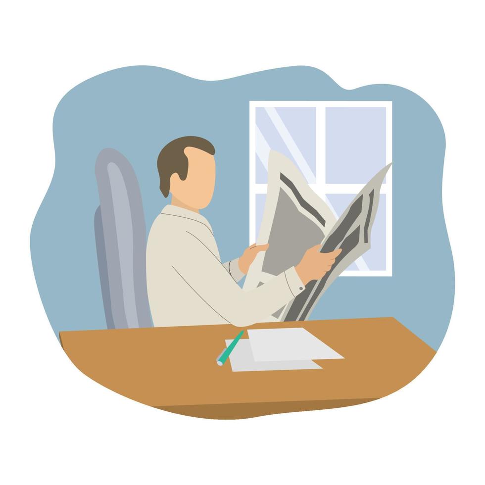 Businessman reading a newspaper, morning coffee. Flat vector illustration in cartoon style.