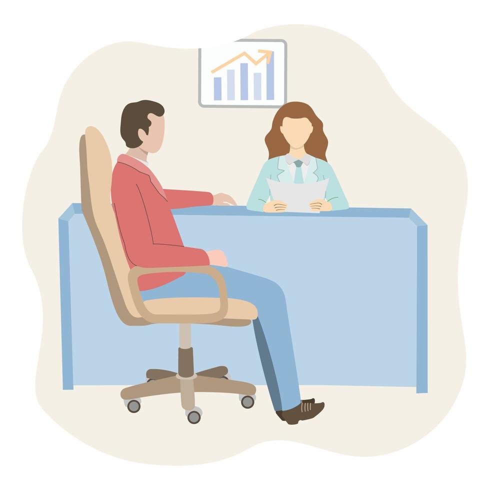Business people talking. Colleagues communicate at work. Male boss tells employee instructions. Modern business office room interior. Trendy vector illustration.