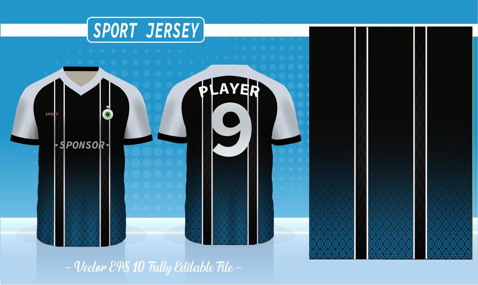 Blue, black, and white t-shirt sport design template for soccer jersey, football kit and tank top for basketball jersey. Sport uniform in front and back view. Tshirt mock up for sport club. vector