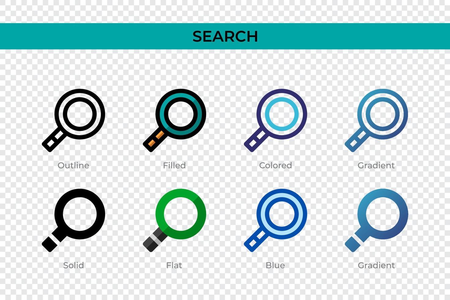 Search icon in different style. Search vector icons designed in outline, solid, colored, filled, gradient, and flat style. Symbol, logo illustration. Vector illustration