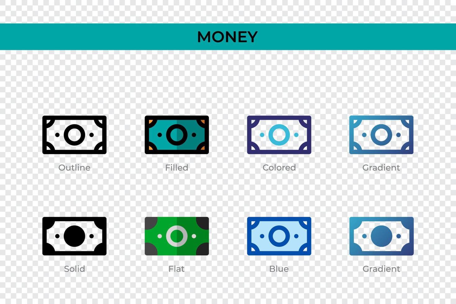 Money icon in different style. Money vector icons designed in outline, solid, colored, filled, gradient, and flat style. Symbol, logo illustration. Vector illustration
