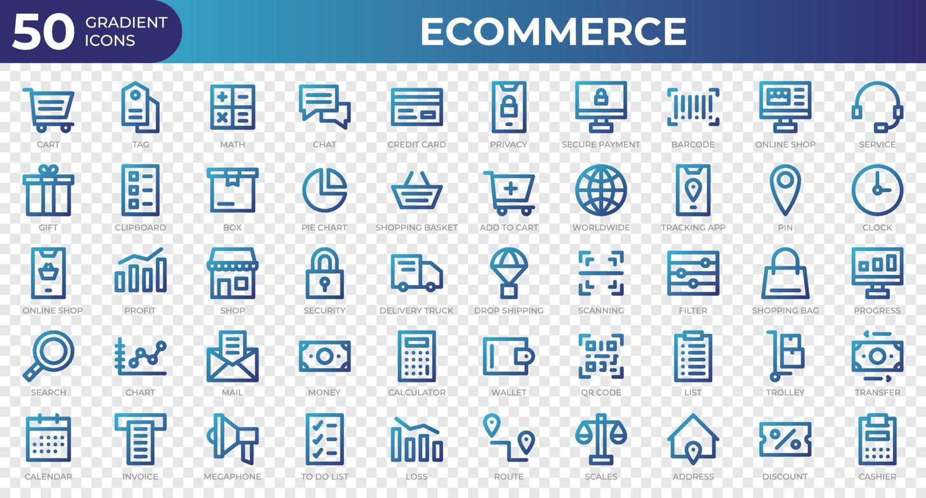 Set of 50 Ecommerce web icons in gradient style. Credit card, profit, invoice. Gradient icons collection. Vector illustration