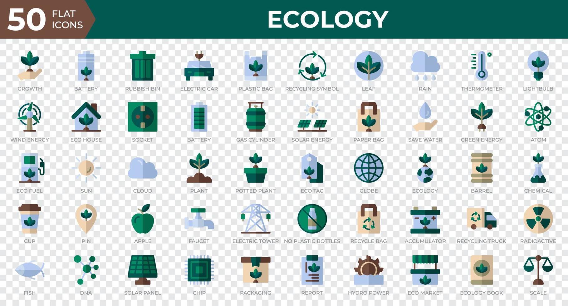 conjunto de 50 iconos web de ecología en estilo plano. reciclaje, biología, energías renovables. colección de iconos planos. ilustración vectorial vector