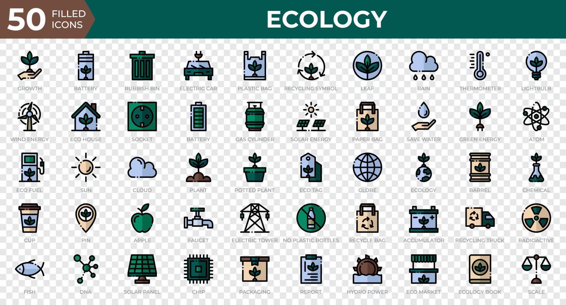 conjunto de 50 iconos web de ecología en estilo de contorno relleno. reciclaje, biología, energías renovables. colección de iconos de contorno lleno. ilustración vectorial vector