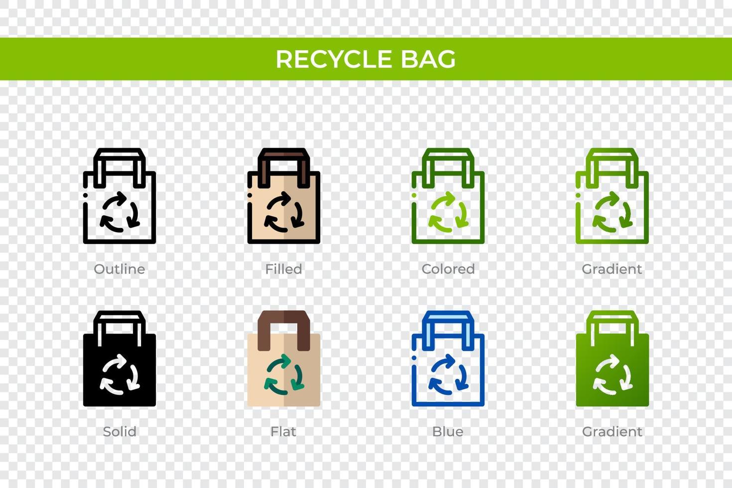 icono de la bolsa de reciclaje en un estilo diferente. iconos vectoriales de bolsa de reciclaje diseñados en contorno, sólido, coloreado, relleno, degradado y estilo plano. símbolo, ilustración de logotipo. ilustración vectorial vector