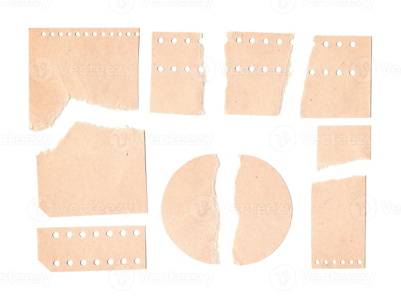 Cardboard Pieces Set Isolated. Carton Piece Mockups Collection, Ripped Kraft Paper for Templates, Brown Wrapping Fragmentary Papers with Copy Space Top View photo