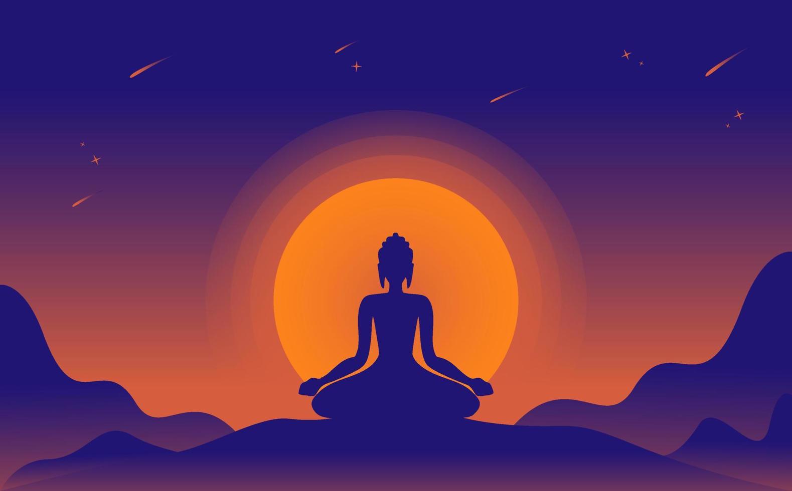 Vesak Buddha illustration, Vesak Day celebration with moon circle background and mountains, buddha statue, Dharmavinaya, Buddha Dharma, Siddharta Gautama, meditation vector