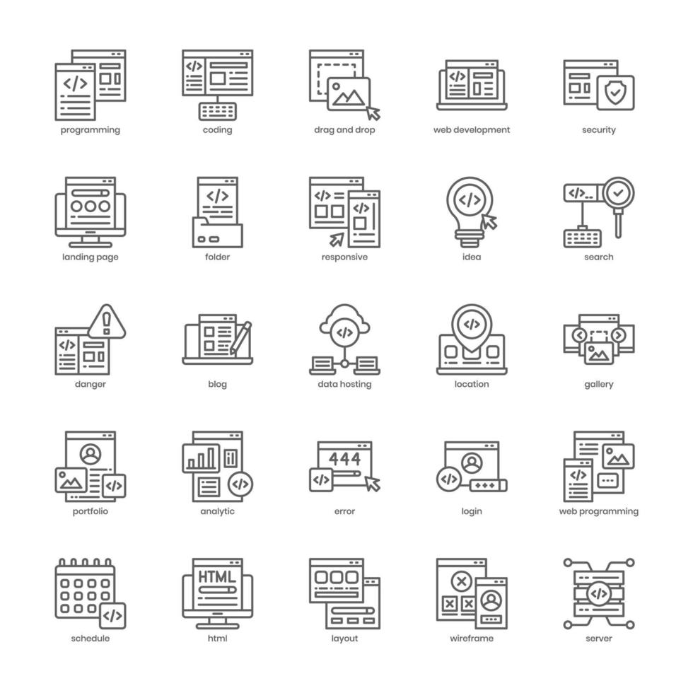 paquete de iconos de desarrollo de sitios web para el diseño de su sitio web, logotipo, aplicación, ui. diseño de contorno de icono de desarrollo de sitio web. ilustración de gráficos vectoriales y trazo editable. vector