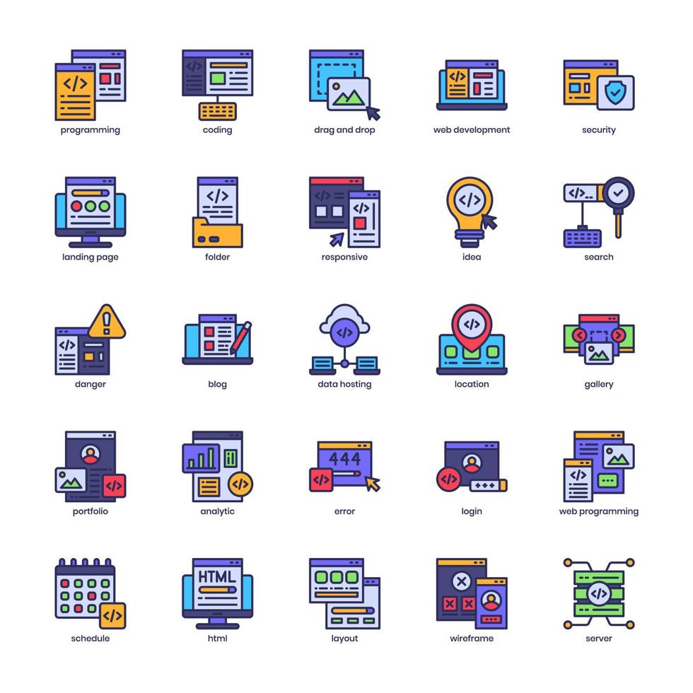 Website Development icon pack for your website design, logo, app, UI. Website Development icon filled color design. Vector graphics illustration and editable stroke.