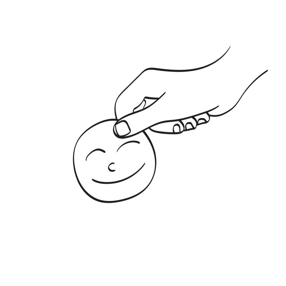 primer plano mano sujetando papel verde corte sonrisa cara ilustración vector dibujado a mano aislado sobre fondo blanco arte de línea. concepto del día mundial de la salud mental.