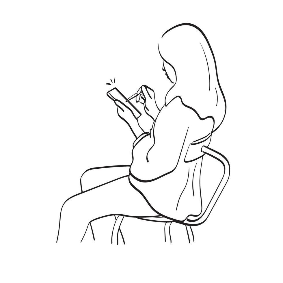 line art woman using pen on smartphone illustration vector hand drawn isolated on white background