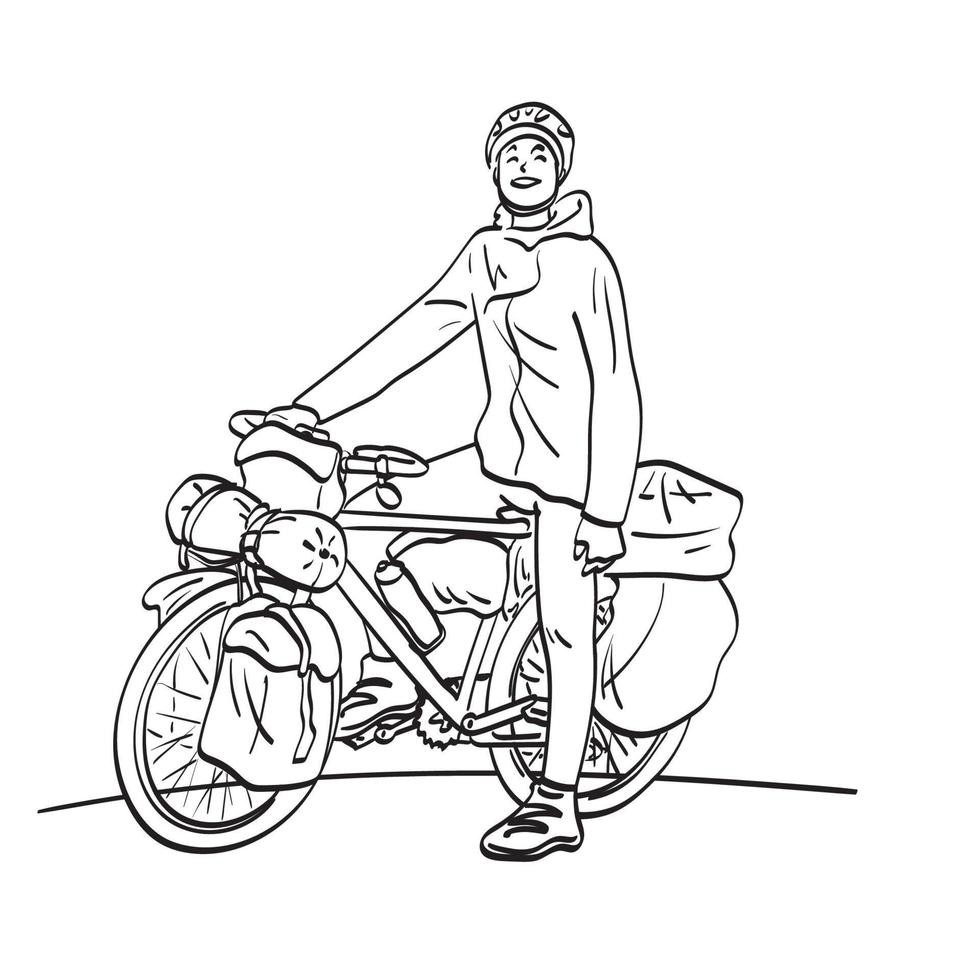 arte de línea hombre sonriente sentado en bicicleta con equipaje para ilustración de viaje vector dibujado a mano aislado sobre fondo blanco