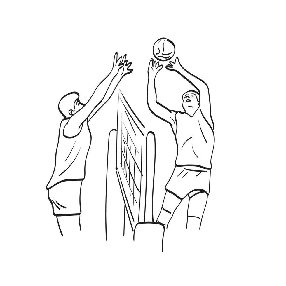 line art two professional volleyball players in action illustration vector hand drawn isolated on white background