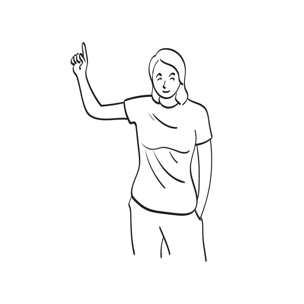 mujer sonriente apuntando hacia arriba ilustración vectorial dibujada a mano aislada en el arte de línea de fondo blanco. vector