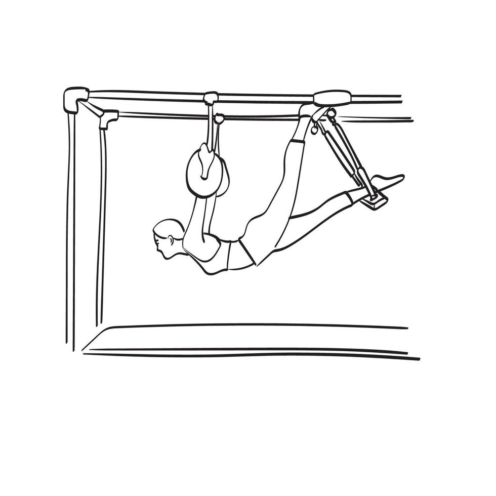 mujer de arte de línea colgando en la barra con cuerda en el gimnasio ilustración vector dibujado a mano aislado sobre fondo blanco