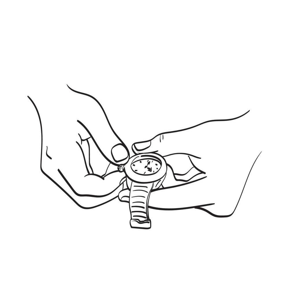 línea arte primer plano ajuste de mano un reloj ilustración vector dibujado a mano aislado sobre fondo blanco