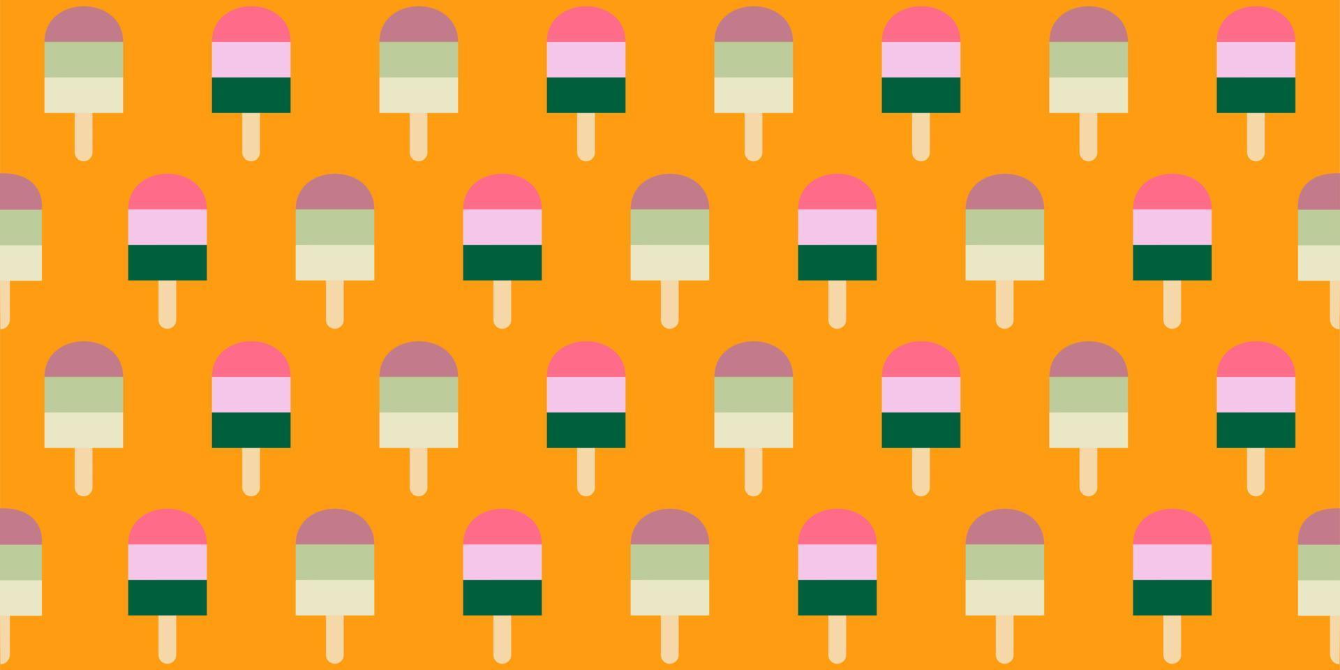 Vector illustration of colorful ice cream bright pattern on a pastel yellow background. Hand drawn line art design for web, site, advertisement, banner, poster, board and print.