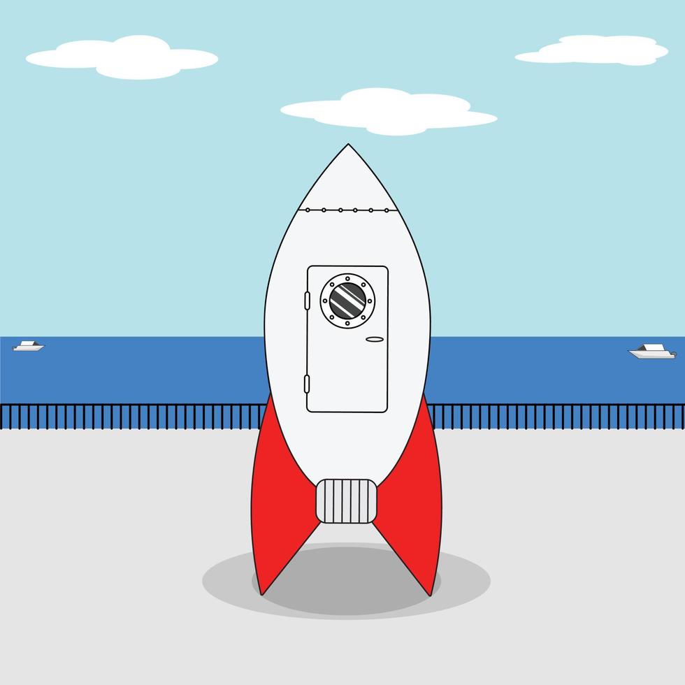 A rocket spaceship ready to launch at the coast station vector