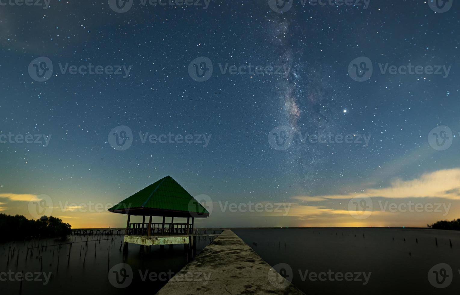 The Milky Way on the night sky with the light reflected from the city lights. photo