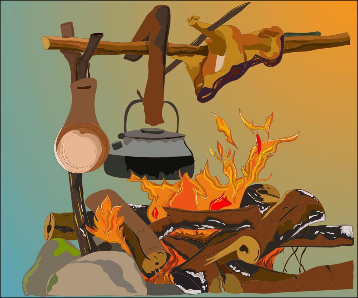 camping, bonfire and grilled chicken vector