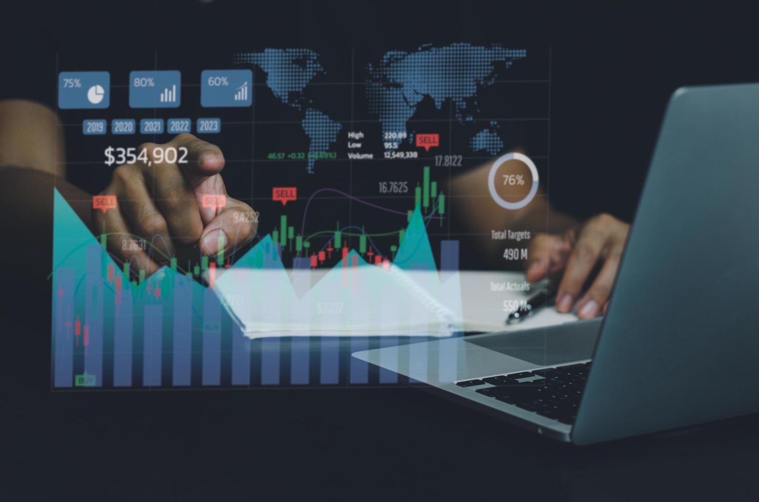 Business analysis and economic growth big data with financial graphs. Concepts of digital virtual screen marketing dashboard technology and global economic network connection. photo