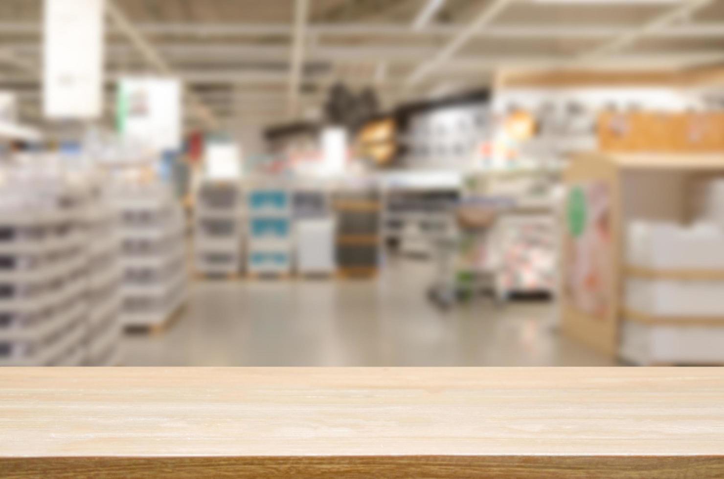 wood table top shelf product counter blank good blur background shopping mall business display. photo