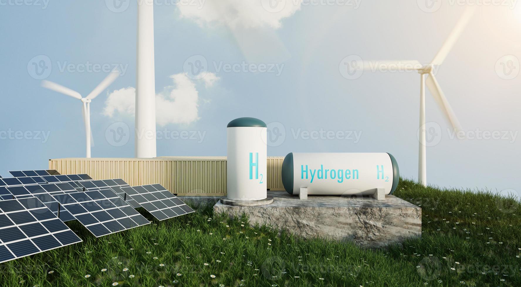 Hydrogen generators and hydrogen storage tank on small hill with mill turbines and solar power panel photo