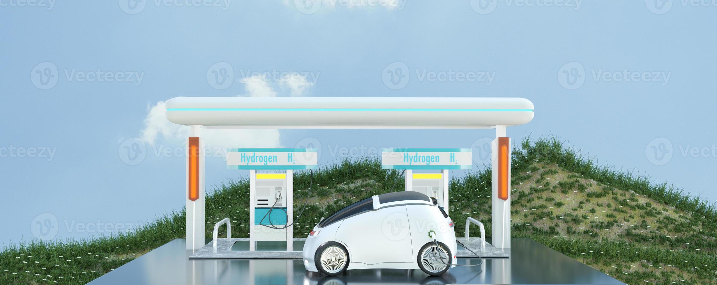 hydrogen power car with hydrogen station, green hydrogen and renwable power concept photo