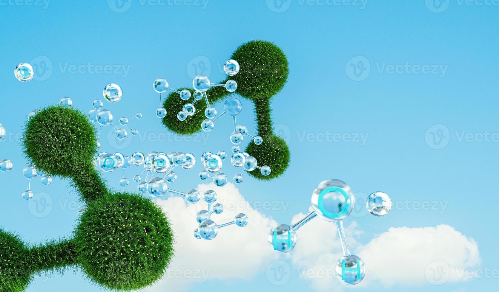 Water molecules on sky backgrounds, hydrogen power and clean energy concepts photo