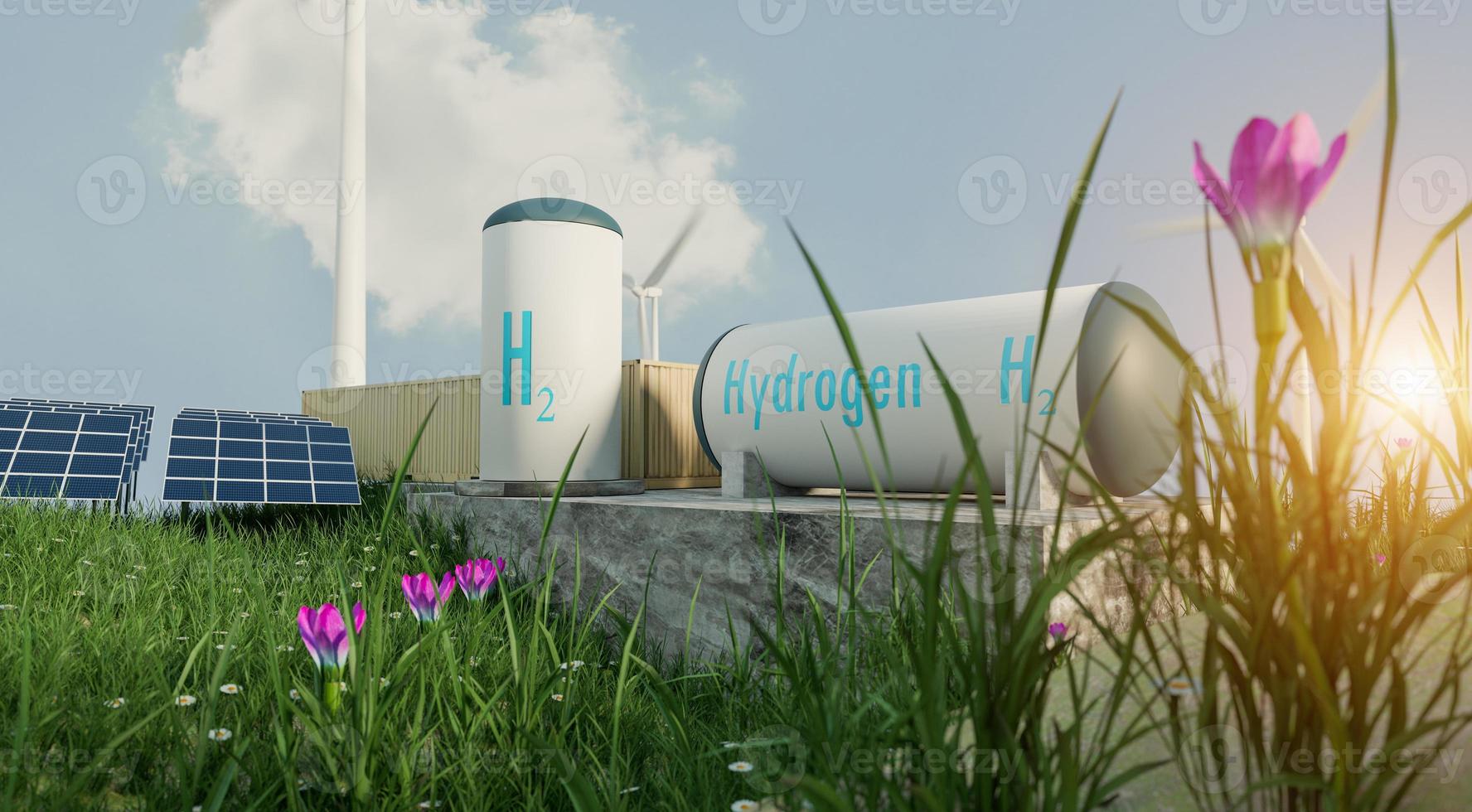 hydrogen storage on small hill with beatiful landscape, green power and nature freindly photo