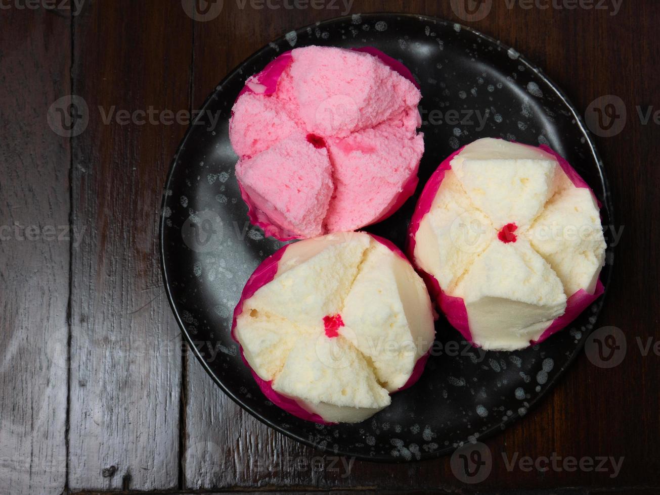 The Chinese fluffy rice flour cake on wood table for celebration day