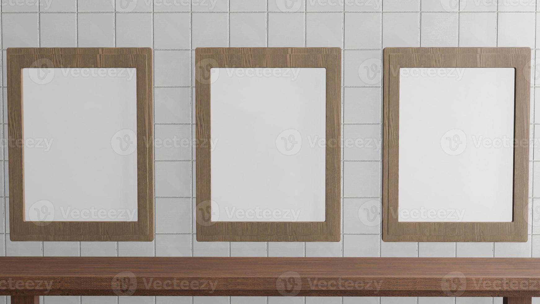 The blank picture frame on white tile wall for background 3d rendering. photo