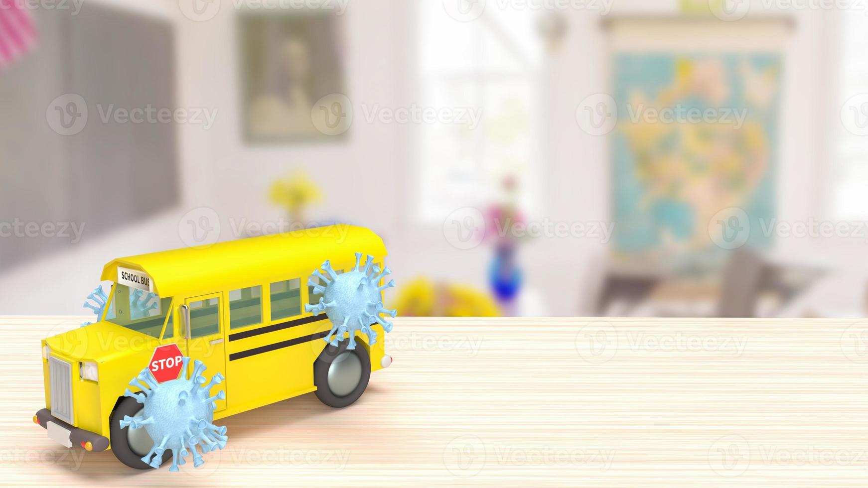 The school bus and virus on tablet in classroom  for education or medical  concept 3d rendering photo