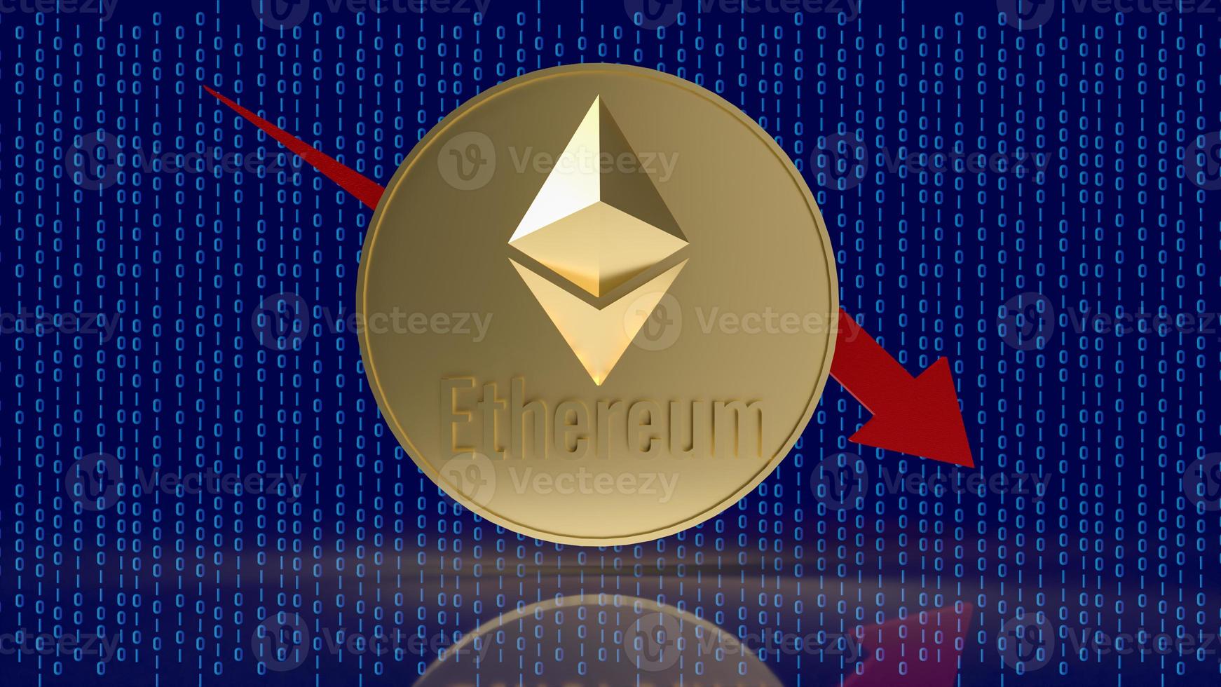 The  ethereum coin and red arrow chart on digital background 3d rendering photo